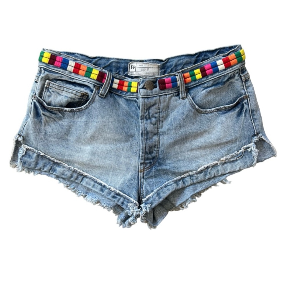 Free People Eliot shorts 27 blue distressed embroidered boho festival 2” inseam